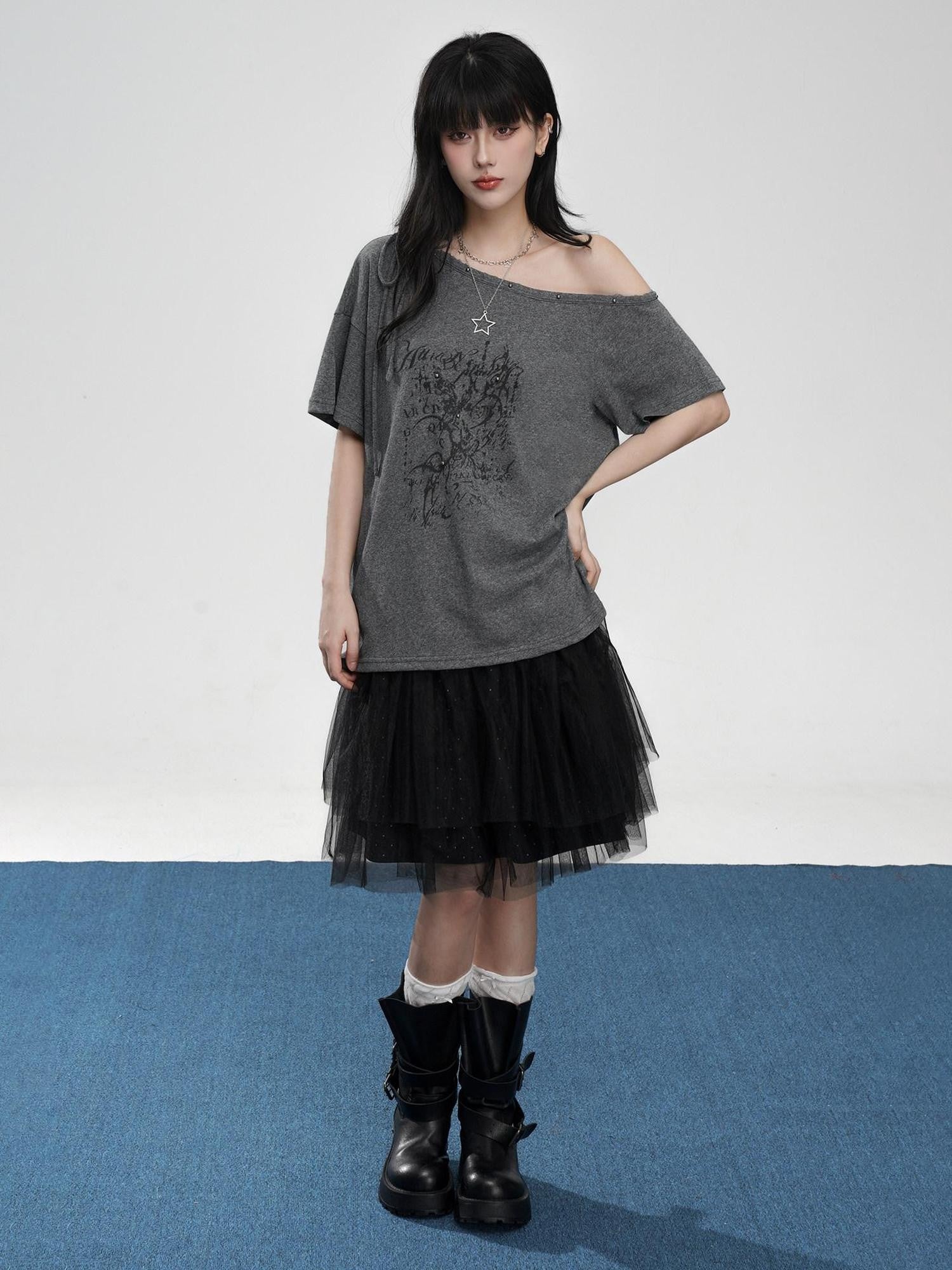 VEEMIX Beaded Asymmetrical Print Drop Shoulder Women's Off-shoulder T-shirts
