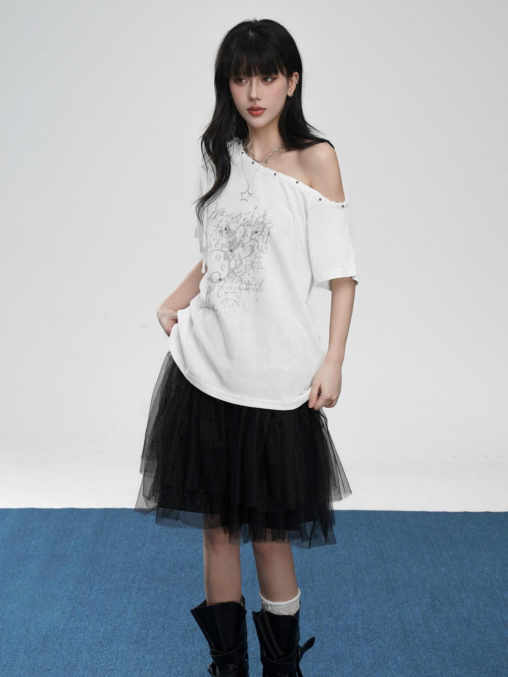 VEEMIX Beaded Asymmetrical Print Drop Shoulder Women's Off-shoulder T-shirts