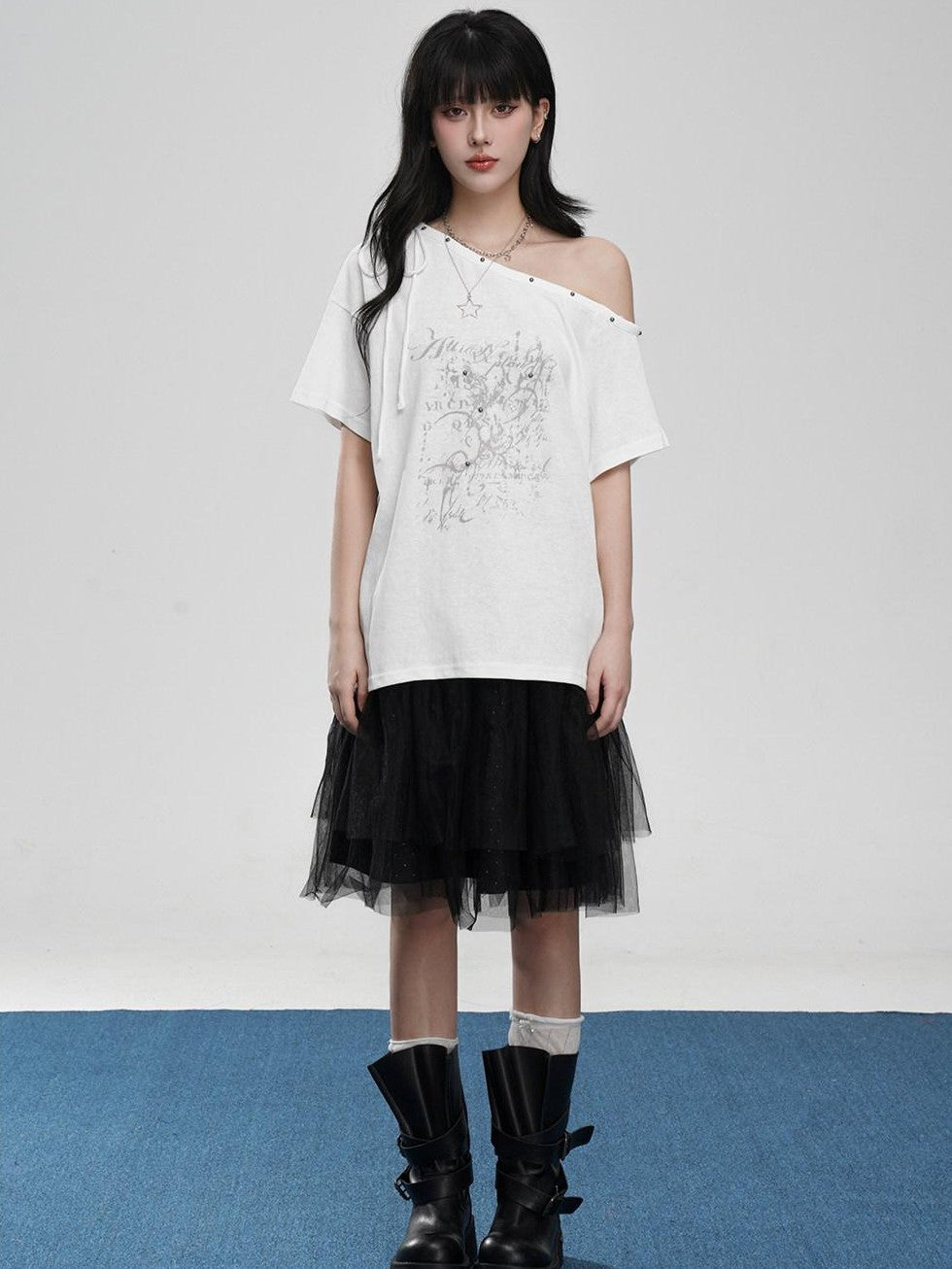 VEEMIX Beaded Asymmetrical Print Drop Shoulder Women's Off-shoulder T-shirts