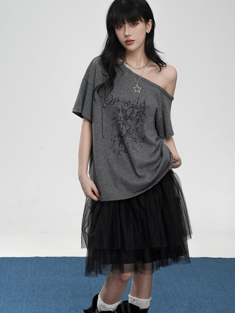VEEMIX Beaded Asymmetrical Print Drop Shoulder Women's Off-shoulder T-shirts