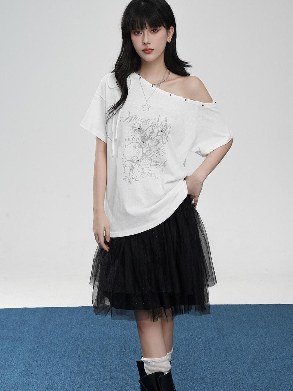 VEEMIX Beaded Asymmetrical Print Drop Shoulder Women's Off-shoulder T-shirts