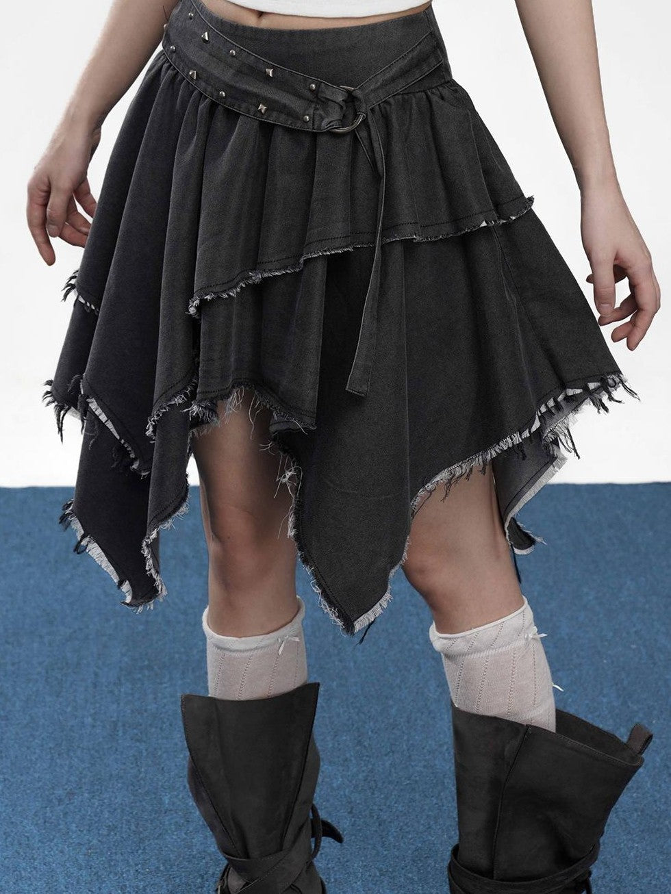 VEEMIX Black Asymmetric Raw Hem Punk Women's Cotton Mini Skirts