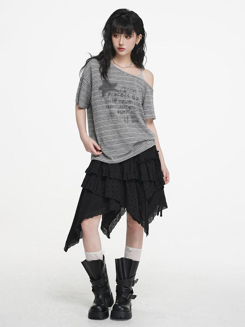 VEEMIX Black Asymmetrical Layered Patchwork Pleated Women's Cotton Blend Mini Skirts