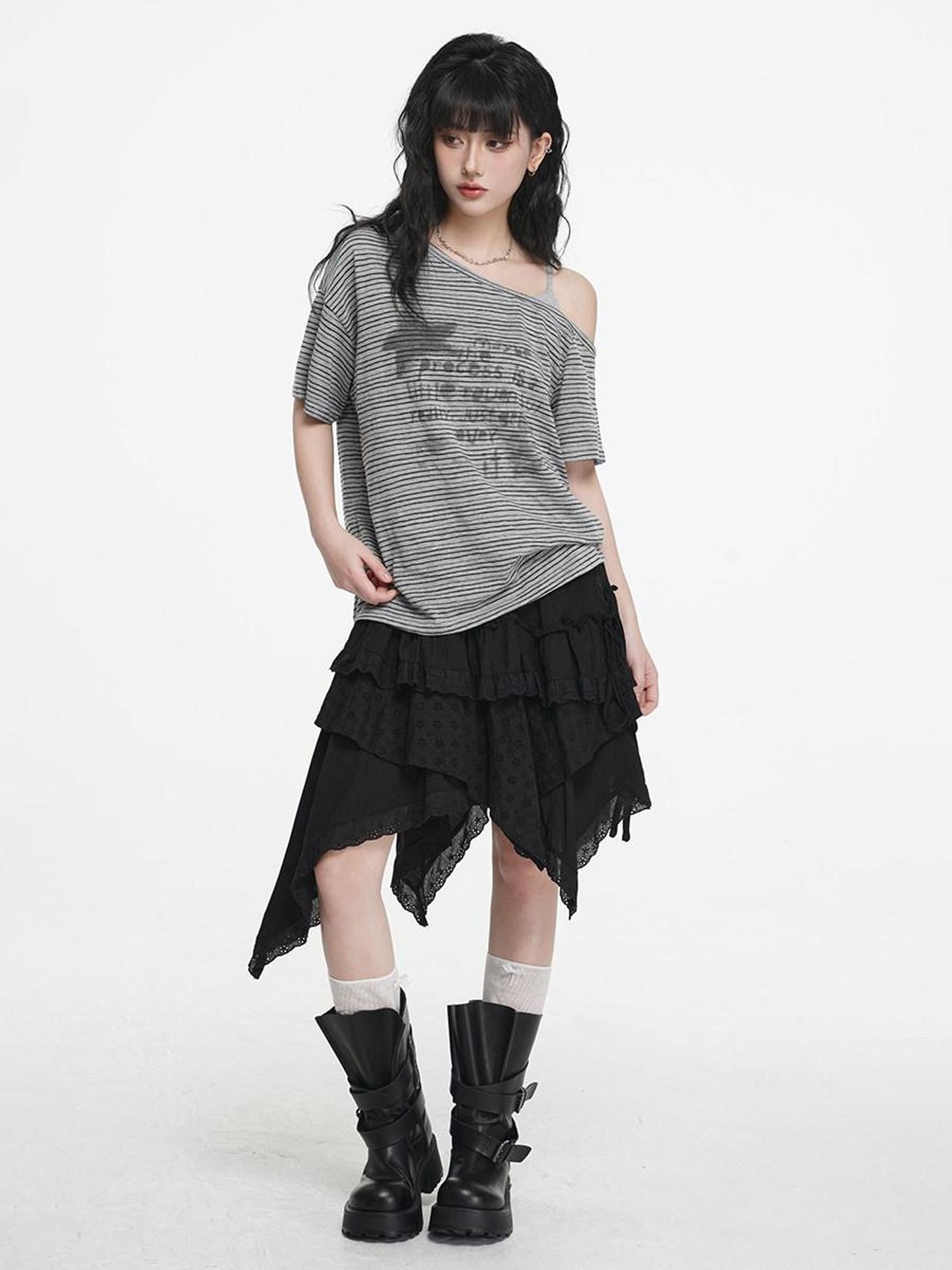VEEMIX Black Asymmetrical Layered Patchwork Pleated Women's Cotton Blend Mini Skirts