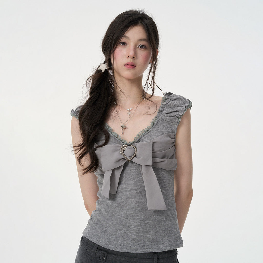 VEEMIX_Black_Bow_Lace_V-neck_Women's_Polyester_Cotton_Spandex_Tank_Tops_1054399650498_MISSTT