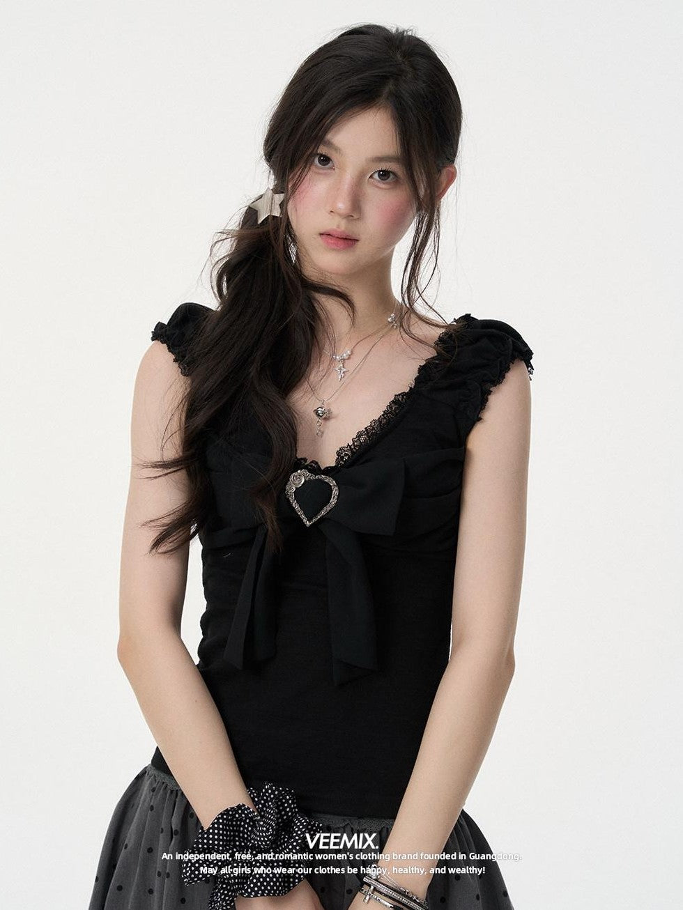 VEEMIX Black Bow Lace V-neck Women's Polyester Cotton Spandex Tank Tops