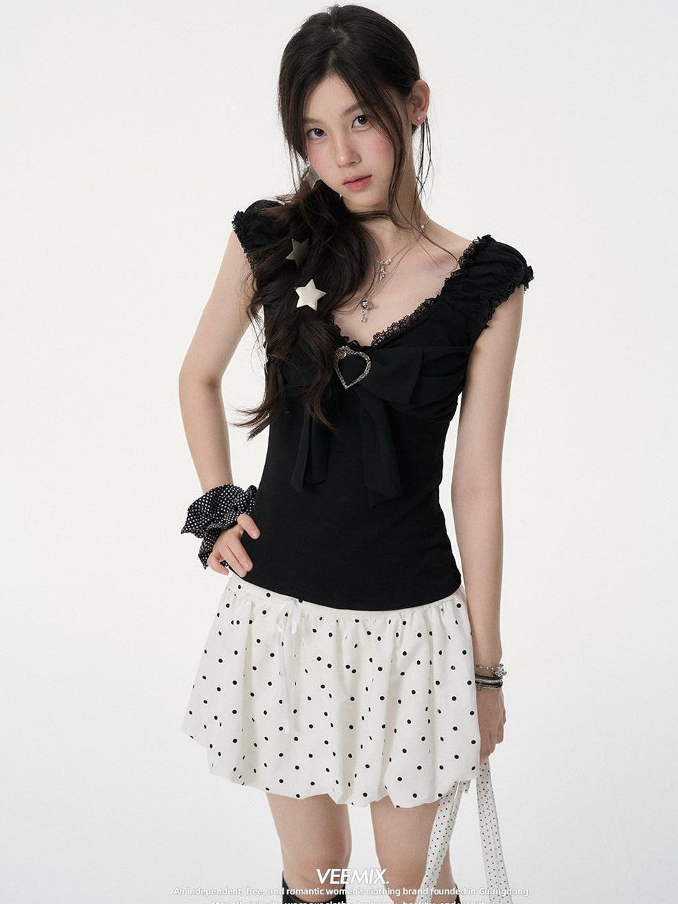 VEEMIX Black Bow Lace V-neck Women's Polyester Cotton Spandex Tank Tops