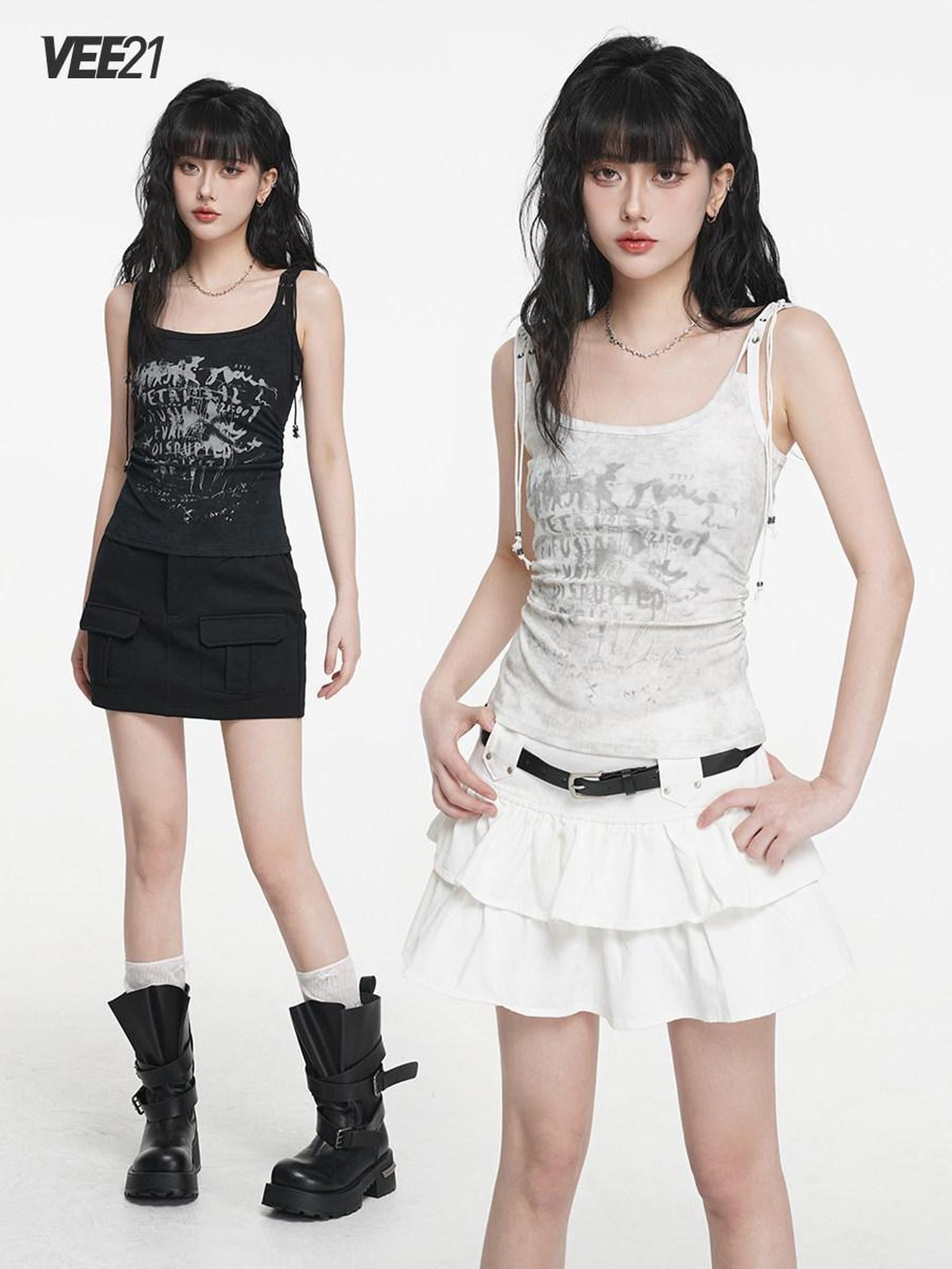 VEEMIX Black Distressed Printed Waist Cinch U Neck Slim Short Women's Stretch Tank Tops