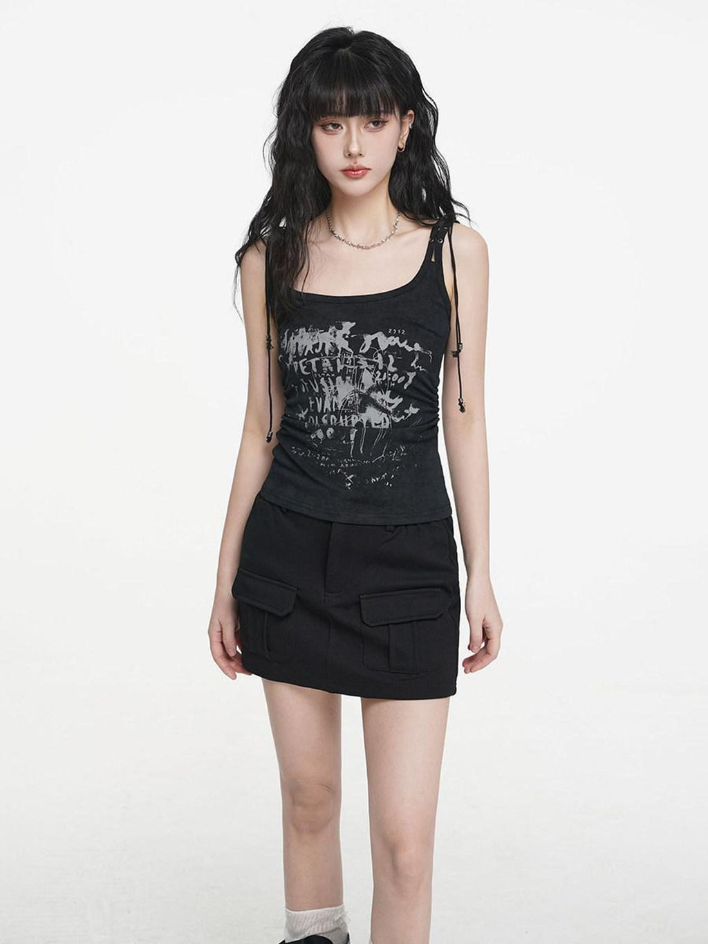 VEEMIX Black Distressed Printed Waist Cinch U Neck Slim Short Women's Stretch Tank Tops