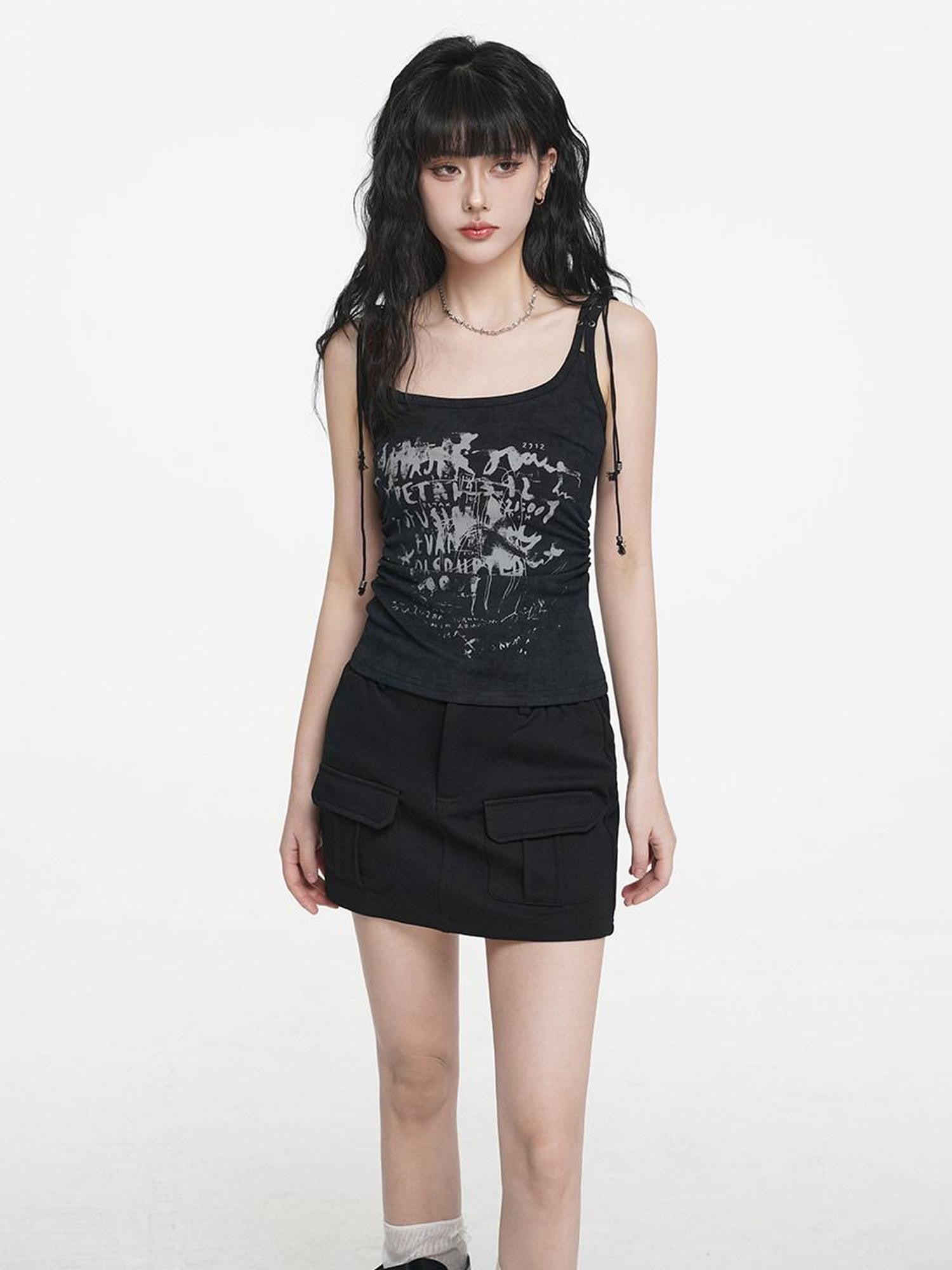VEEMIX Black Distressed Printed Waist Cinch U Neck Slim Short Women's Stretch Tank Tops