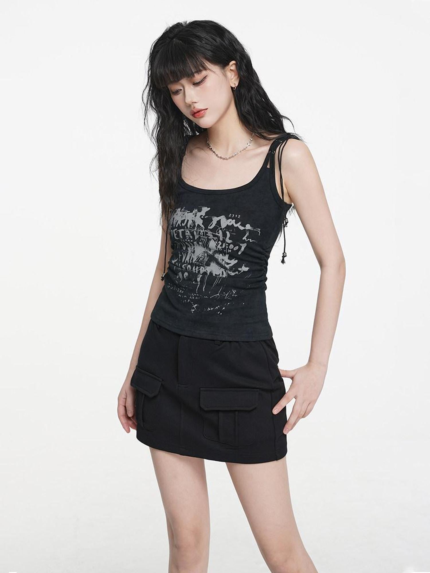 VEEMIX Black Distressed Printed Waist Cinch U Neck Slim Short Women's Stretch Tank Tops