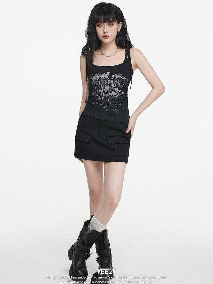 VEEMIX Black Distressed Printed Waist Cinch U Neck Slim Short Women's Stretch Tank Tops