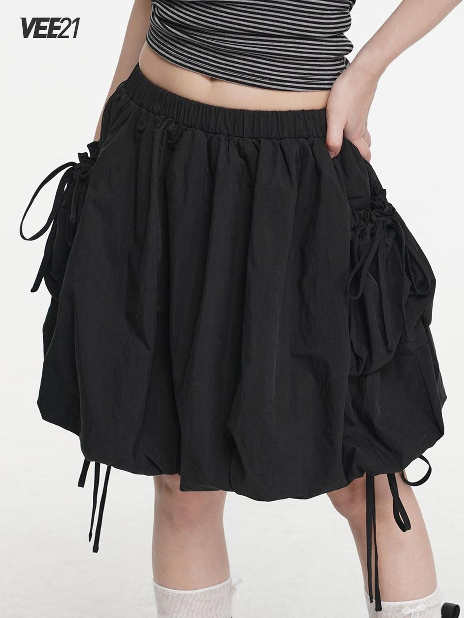 VEEMIX Black Double Pocket Tie Utility Women's Cotton Blend Pleated Puff Mini Skirts