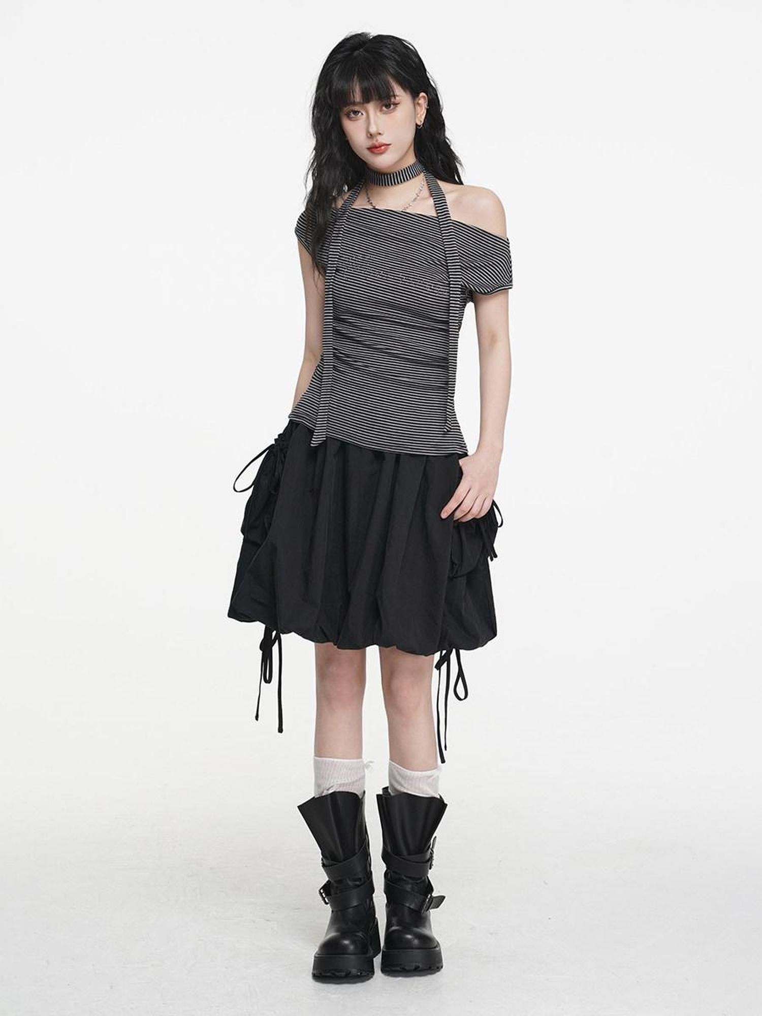 VEEMIX Black Double Pocket Tie Utility Women's Cotton Blend Pleated Puff Mini Skirts
