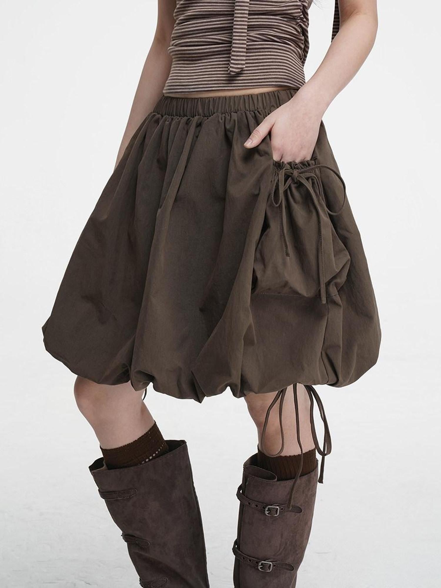 VEEMIX Black Double Pocket Tie Utility Women's Cotton Blend Pleated Puff Mini Skirts