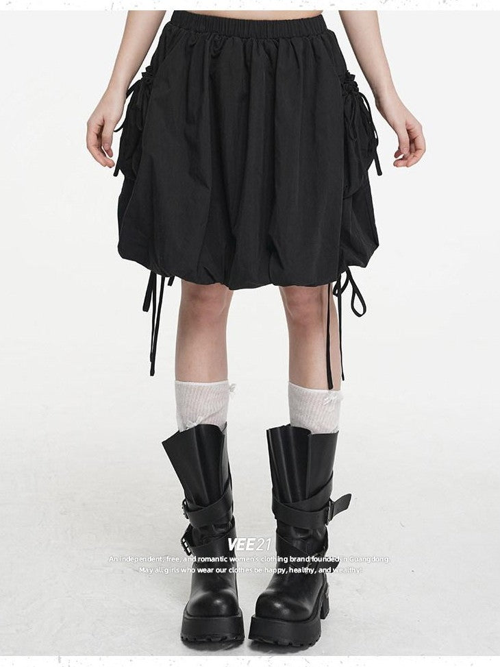 VEEMIX Black Double Pocket Tie Utility Women's Cotton Blend Pleated Puff Mini Skirts