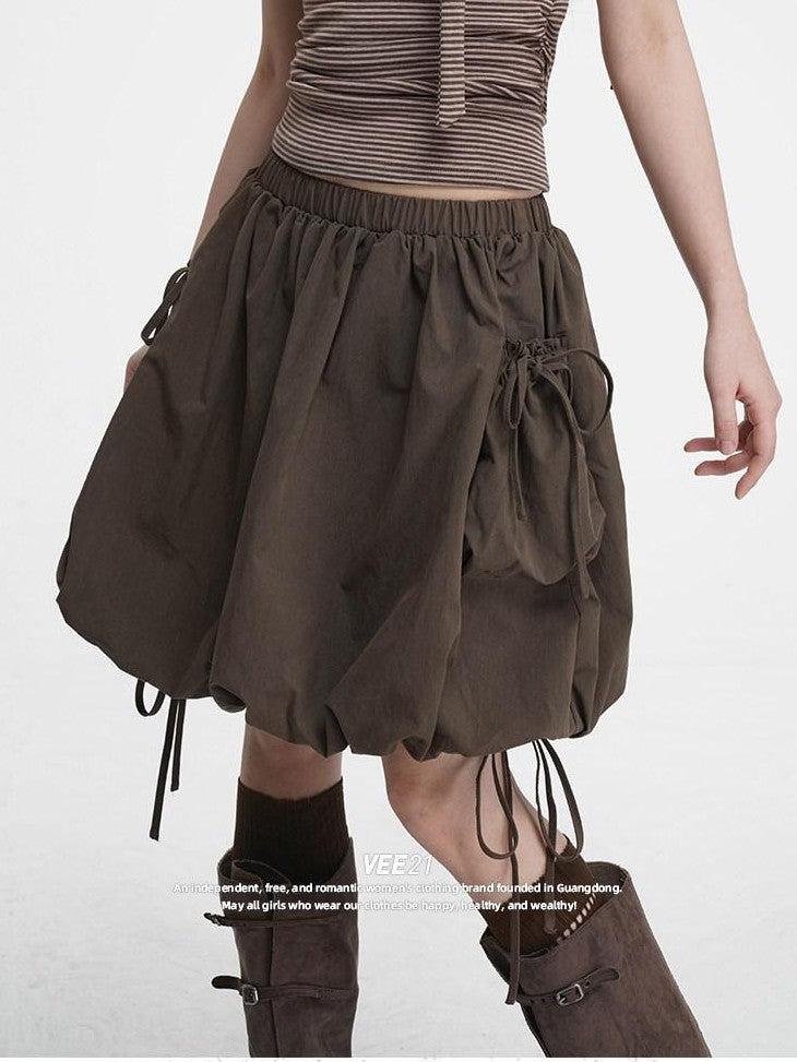 VEEMIX Black Double Pocket Tie Utility Women's Cotton Blend Pleated Puff Mini Skirts