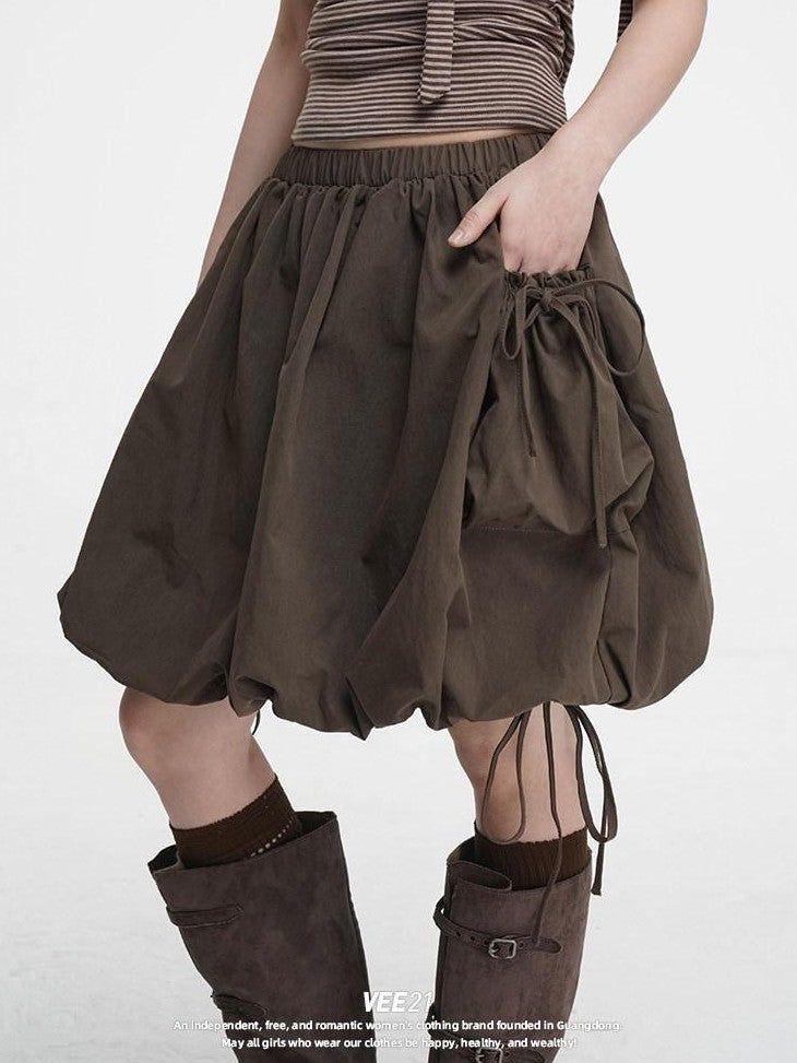 VEEMIX Black Double Pocket Tie Utility Women's Cotton Blend Pleated Puff Mini Skirts
