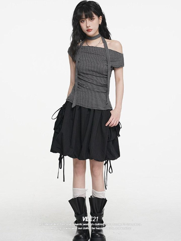 VEEMIX Black Double Pocket Tie Utility Women's Cotton Blend Pleated Puff Mini Skirts