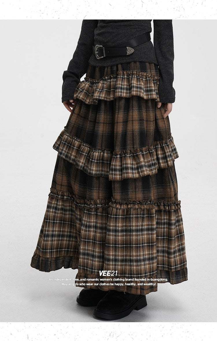 VEEMIX_Black_Gray_Plaid_Ruffle_Lace_Patchwork_Women's_Poly_Cotton_Blend_Tiered_Skirts_980765607606_MISSTT