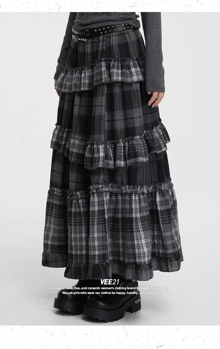 VEEMIX_Black_Gray_Plaid_Ruffle_Lace_Patchwork_Women's_Poly_Cotton_Blend_Tiered_Skirts_980765607606_MISSTT