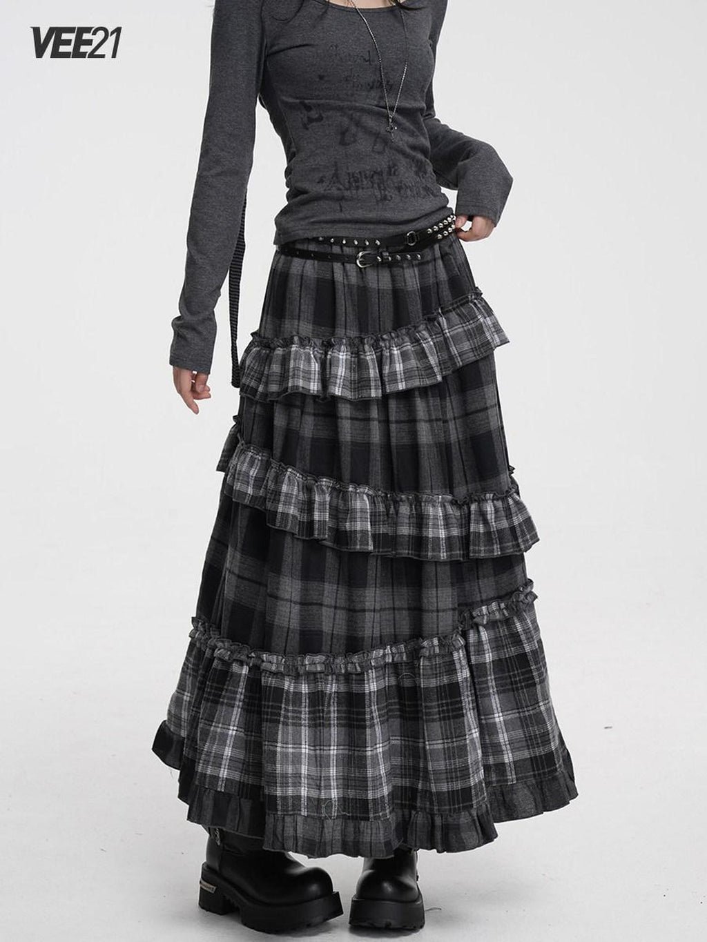 VEEMIX Black Gray Plaid Ruffle Lace Patchwork Women's Poly Cotton Blend Tiered Skirts