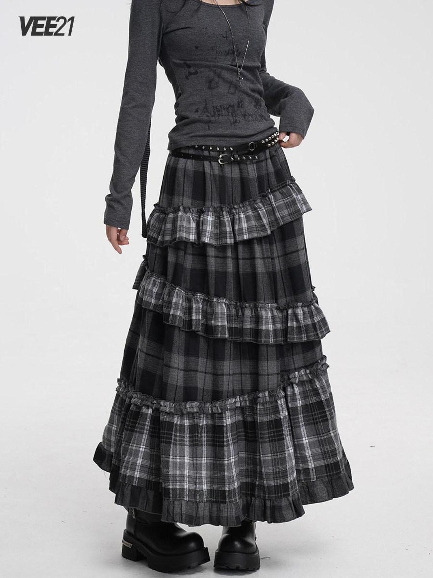 VEEMIX Black Gray Plaid Ruffle Lace Patchwork Women's Poly Cotton Blend Tiered Skirts