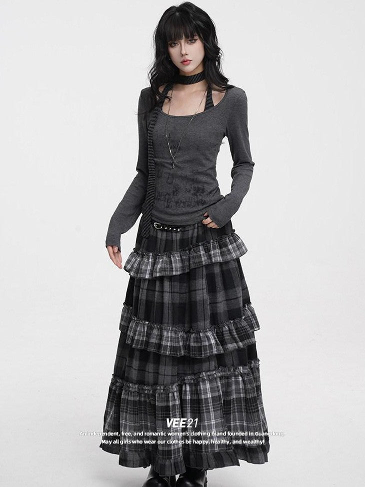 VEEMIX Black Gray Plaid Ruffle Lace Patchwork Women's Poly Cotton Blend Tiered Skirts