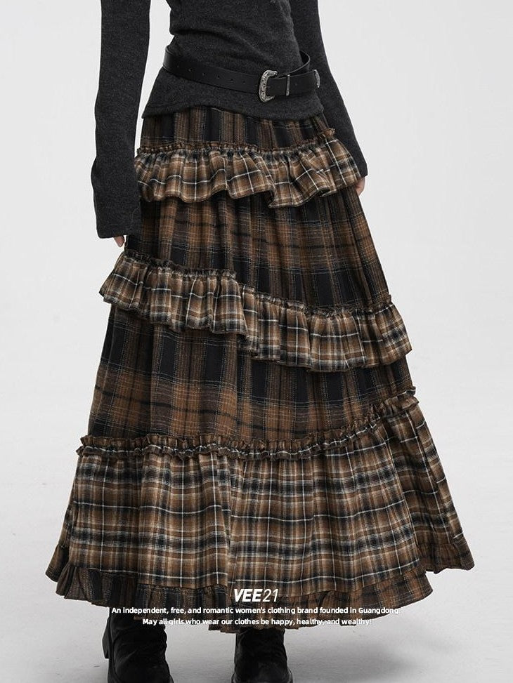 VEEMIX Black Gray Plaid Ruffle Lace Patchwork Women's Poly Cotton Blend Tiered Skirts