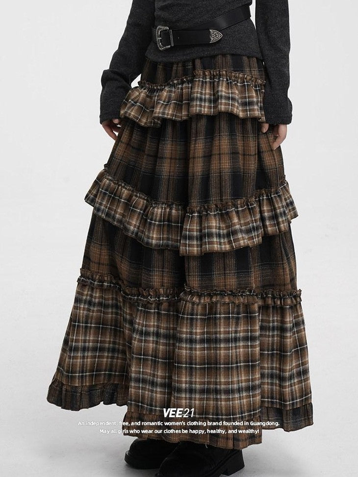 VEEMIX Black Gray Plaid Ruffle Lace Patchwork Women's Poly Cotton Blend Tiered Skirts