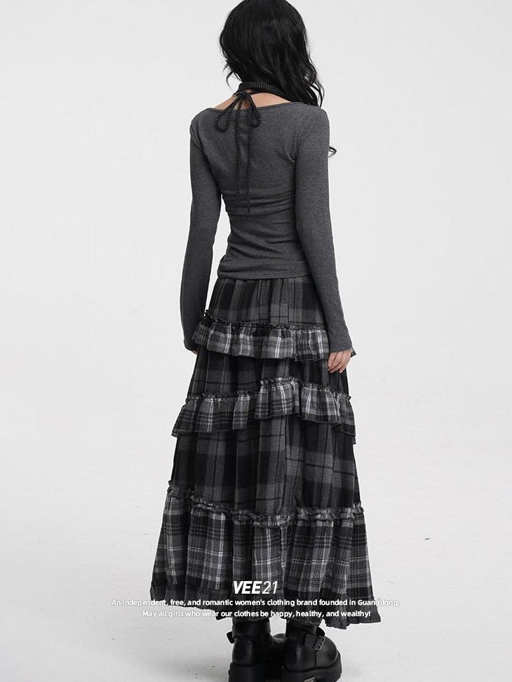 VEEMIX Black Gray Plaid Ruffle Lace Patchwork Women's Poly Cotton Blend Tiered Skirts