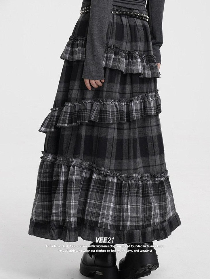 VEEMIX Black Gray Plaid Ruffle Lace Patchwork Women's Poly Cotton Blend Tiered Skirts