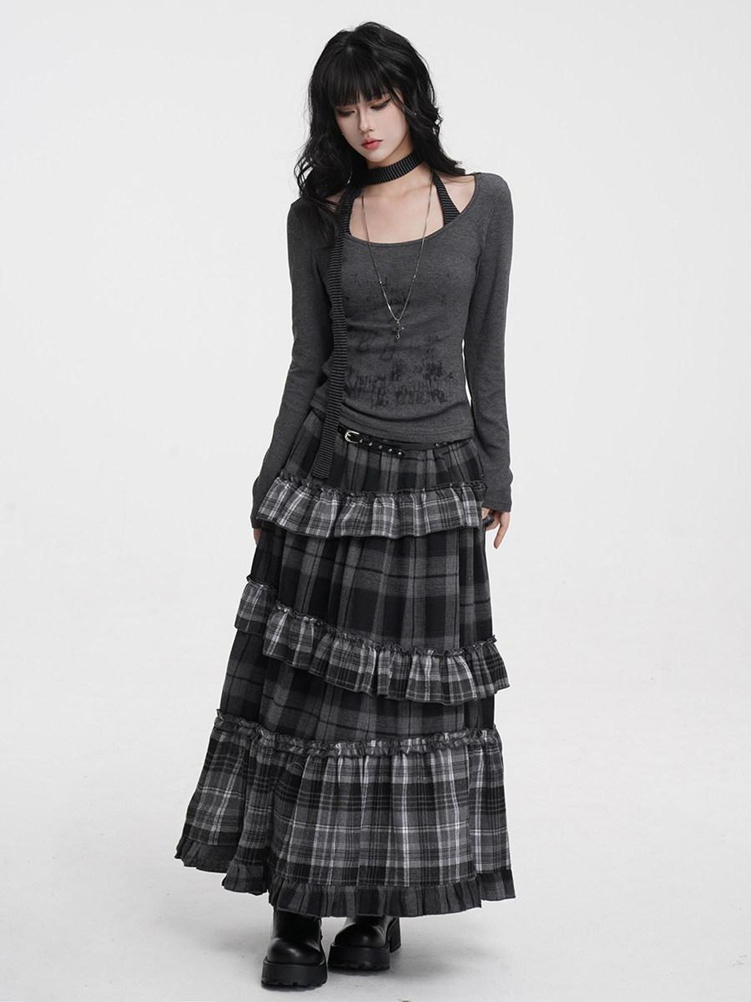 VEEMIX Black Gray Plaid Ruffle Lace Patchwork Women's Poly Cotton Blend Tiered Skirts