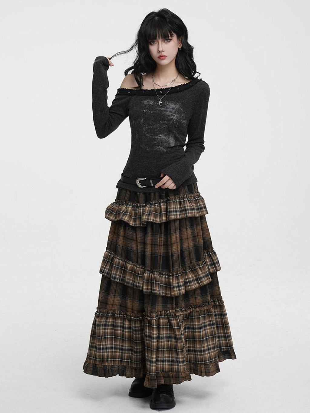 VEEMIX Black Gray Plaid Ruffle Lace Patchwork Women's Poly Cotton Blend Tiered Skirts