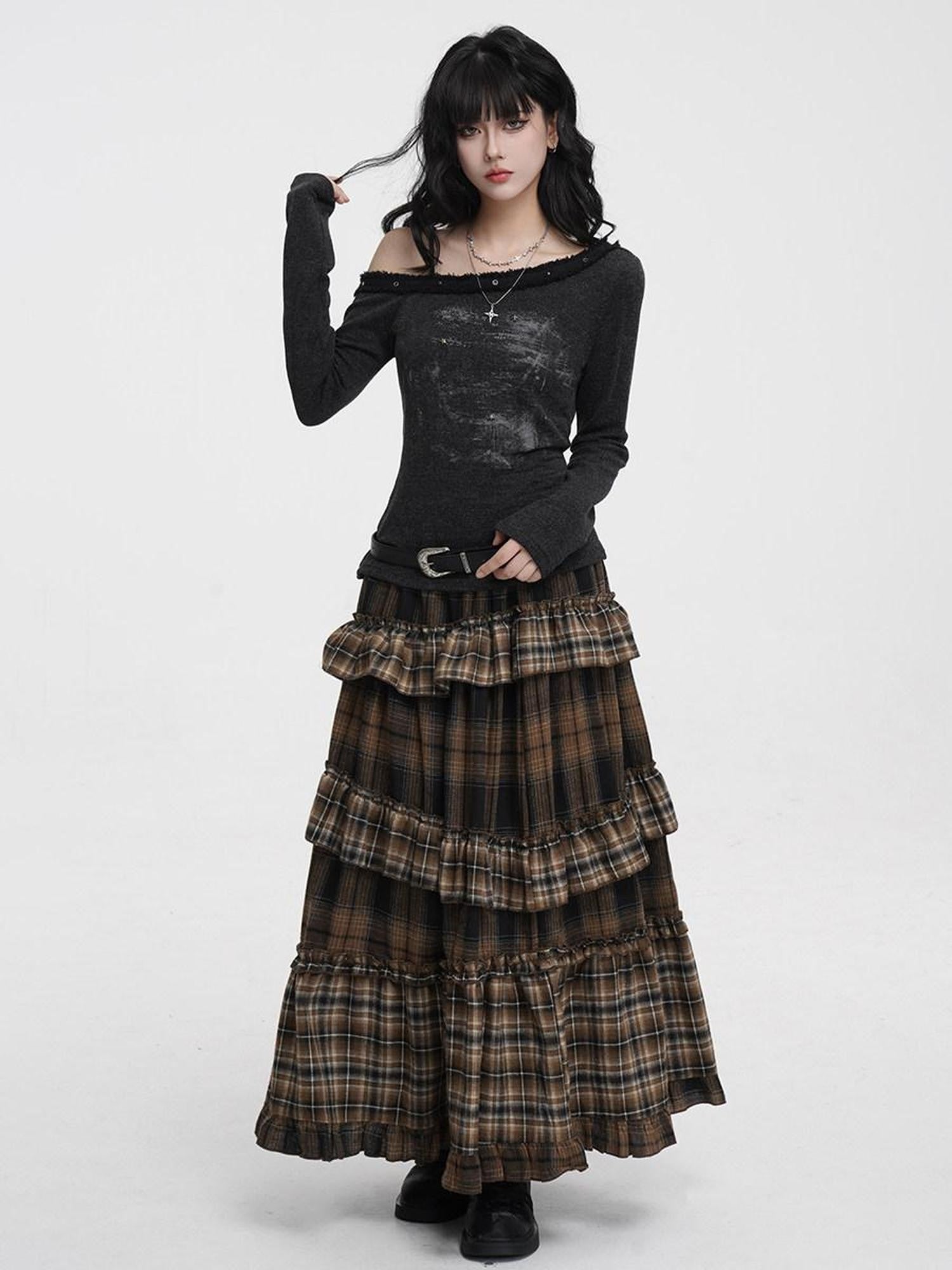 VEEMIX Black Gray Plaid Ruffle Lace Patchwork Women's Poly Cotton Blend Tiered Skirts
