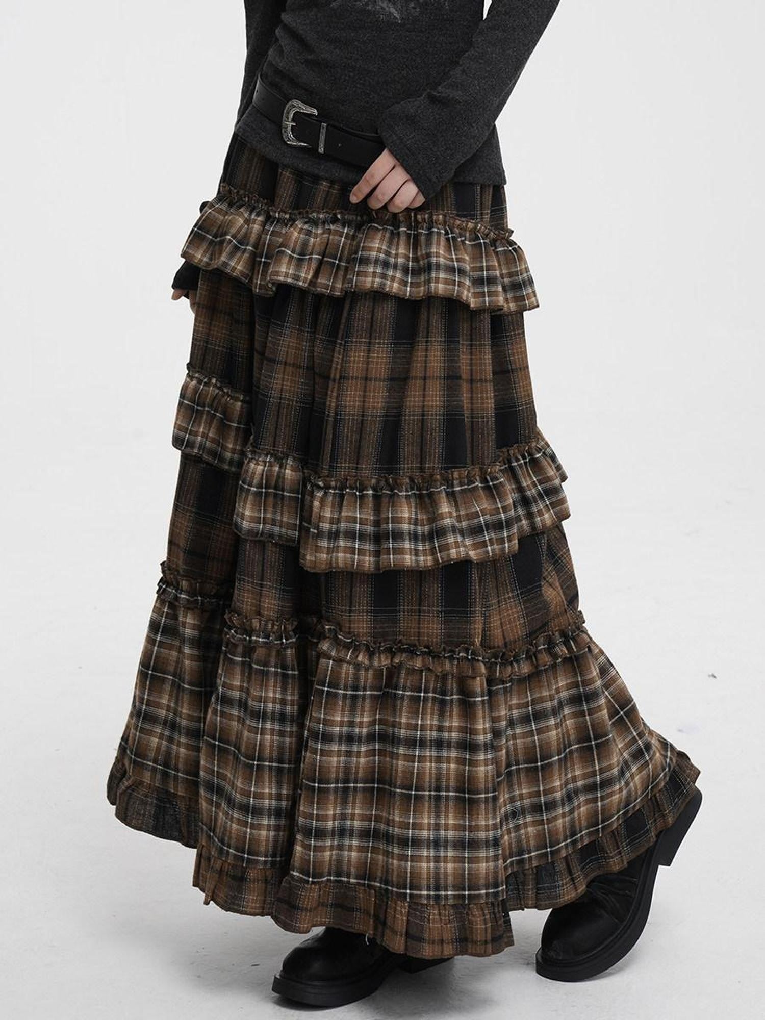VEEMIX Black Gray Plaid Ruffle Lace Patchwork Women's Poly Cotton Blend Tiered Skirts