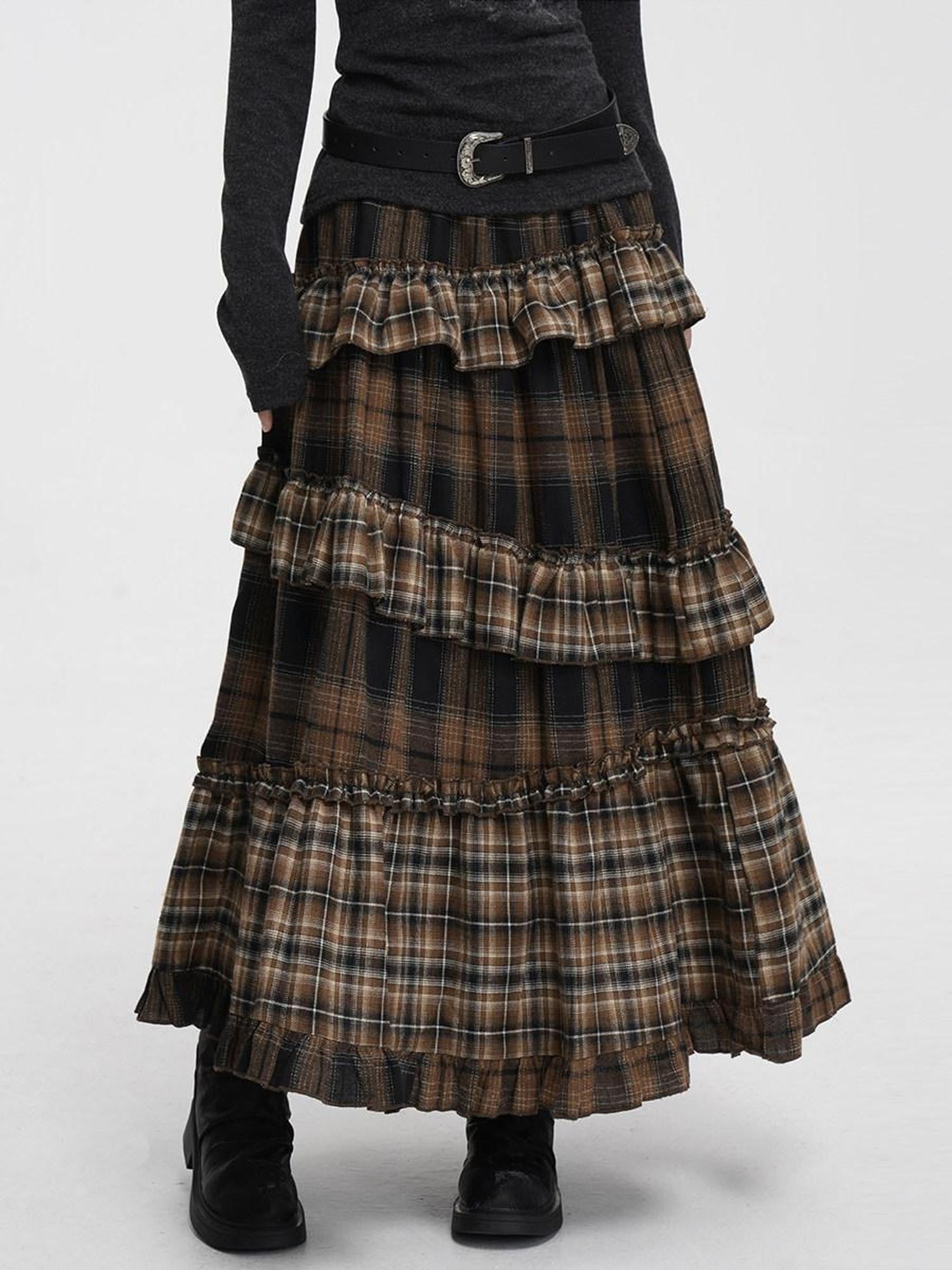 VEEMIX Black Gray Plaid Ruffle Lace Patchwork Women's Poly Cotton Blend Tiered Skirts