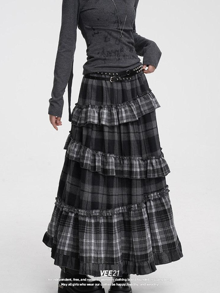 VEEMIX Black Gray Plaid Ruffle Lace Patchwork Women's Poly Cotton Blend Tiered Skirts