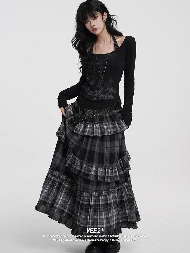 VEEMIX Black Gray Plaid Ruffle Lace Patchwork Women's Poly Cotton Blend Tiered Skirts