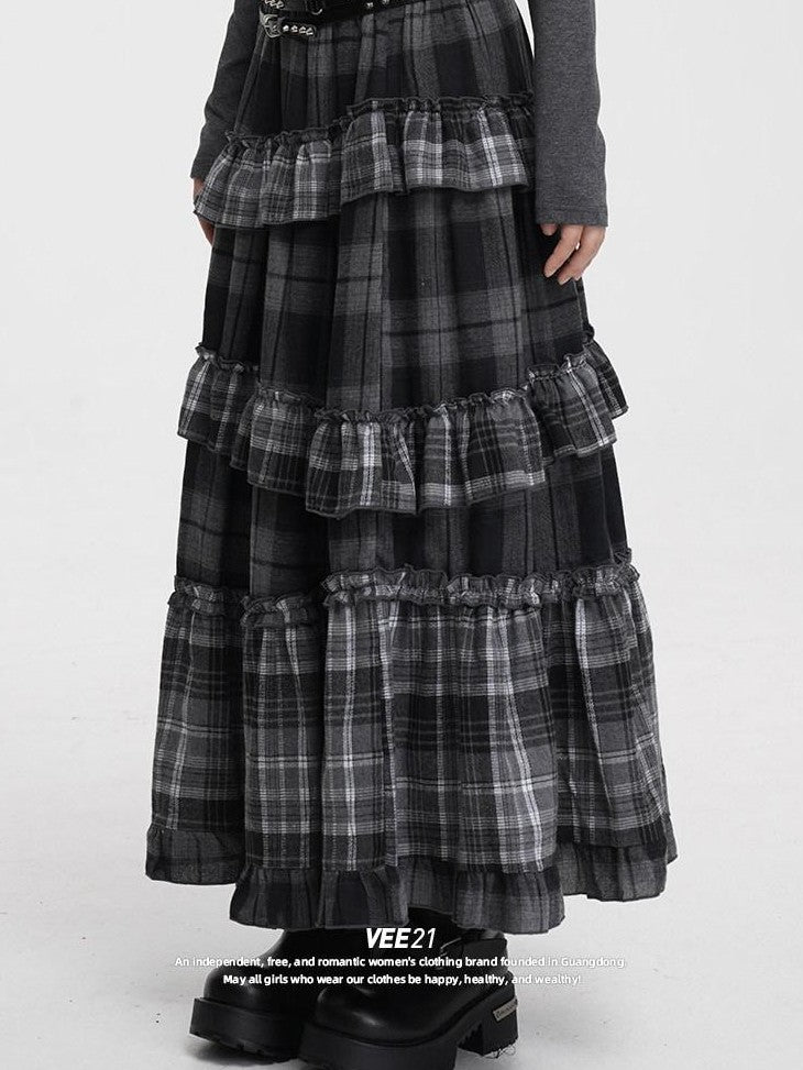 VEEMIX Black Gray Plaid Ruffle Lace Patchwork Women's Poly Cotton Blend Tiered Skirts