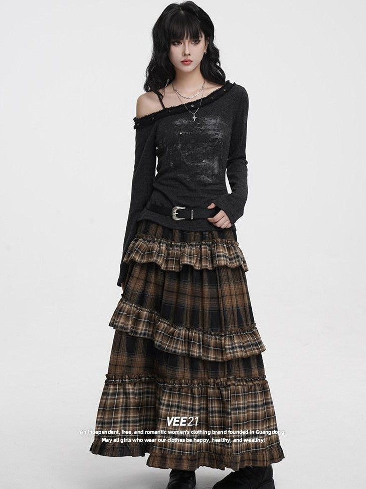 VEEMIX Black Gray Plaid Ruffle Lace Patchwork Women's Poly Cotton Blend Tiered Skirts