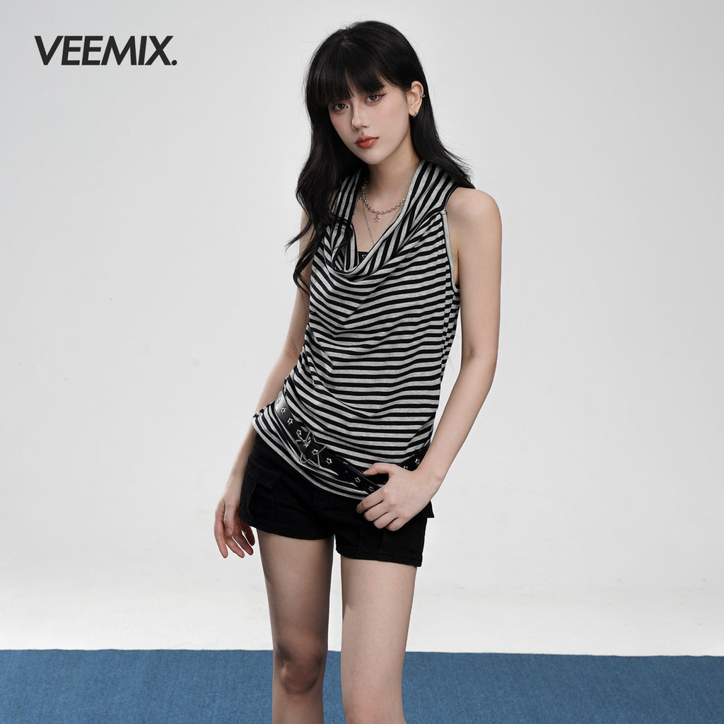 VEEMIX_Black_Gray_Striped_Ruched_Cowl_Neck_Slim_Strap_Women's_Lyocell_Tank_Tops_1045062993066_MISSTT