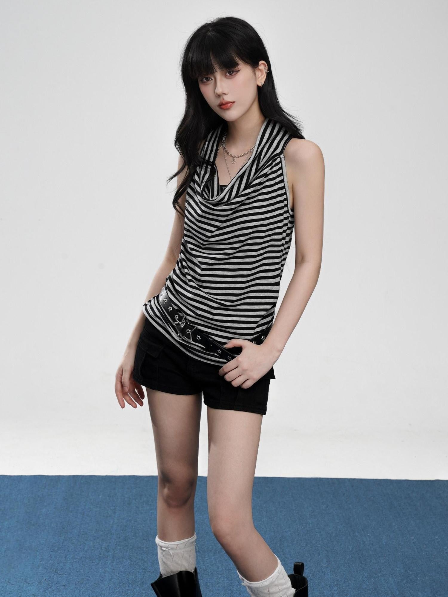 VEEMIX Black Gray Striped Ruched Cowl Neck Slim Strap Women's Lyocell Tank Tops