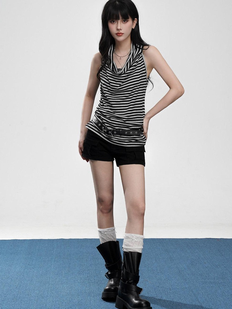 VEEMIX Black Gray Striped Ruched Cowl Neck Slim Strap Women's Lyocell Tank Tops