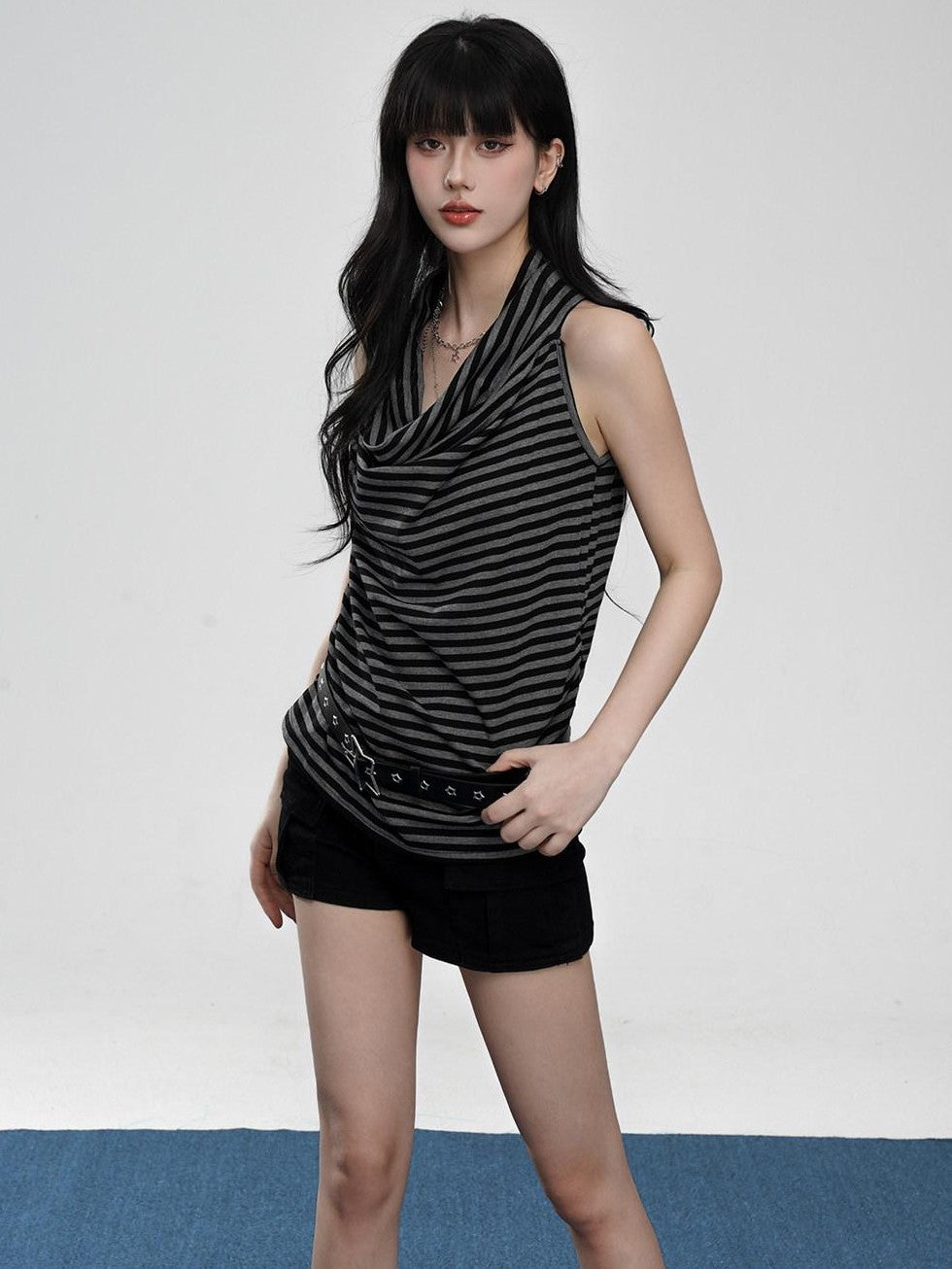 VEEMIX Black Gray Striped Ruched Cowl Neck Slim Strap Women's Lyocell Tank Tops