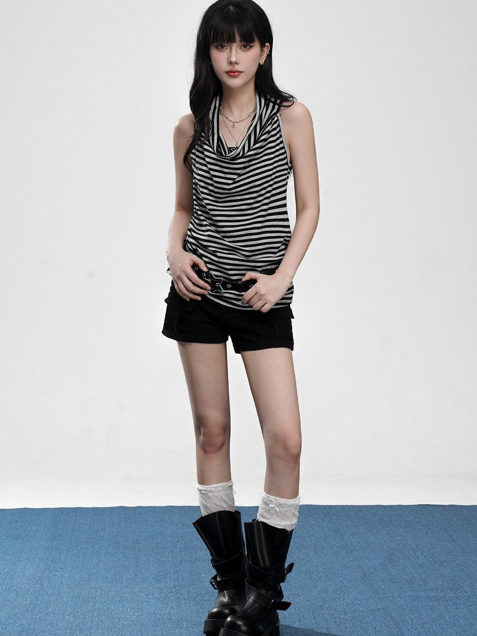 VEEMIX Black Gray Striped Ruched Cowl Neck Slim Strap Women's Lyocell Tank Tops