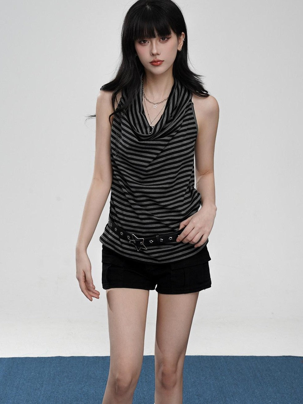 VEEMIX Black Gray Striped Ruched Cowl Neck Slim Strap Women's Lyocell Tank Tops