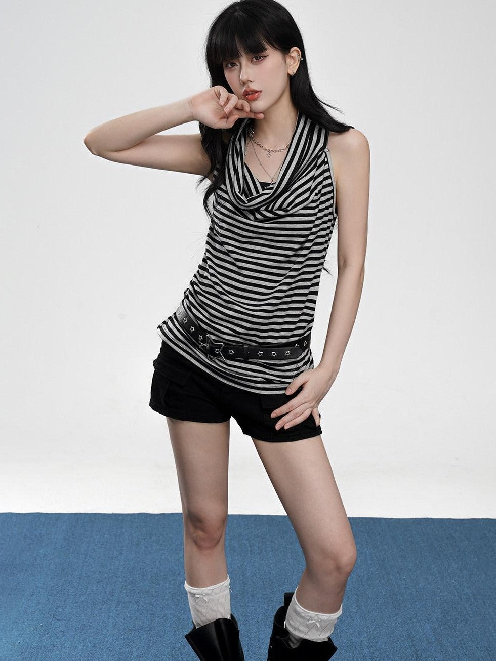 VEEMIX Black Gray Striped Ruched Cowl Neck Slim Strap Women's Lyocell Tank Tops