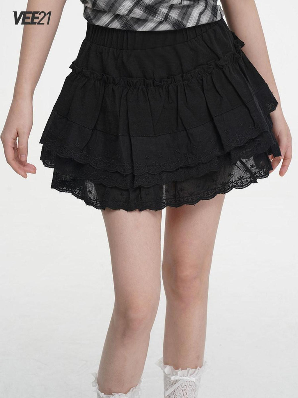VEEMIX Black Lace Ruffle A Line Women's Cotton Rayon Blend Tiered Skirts