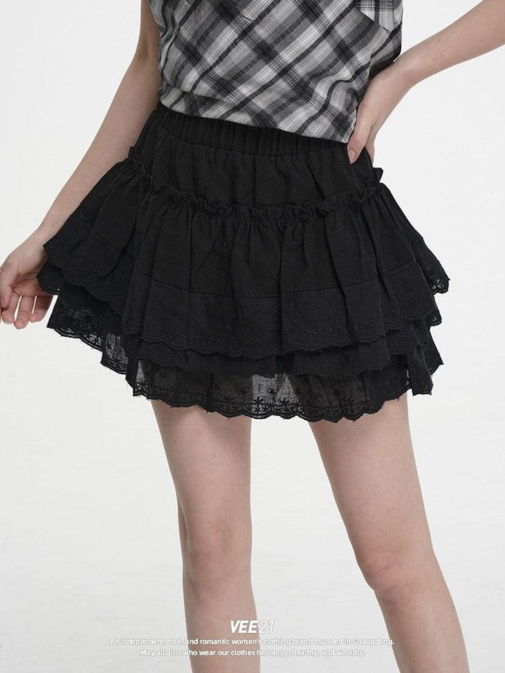 VEEMIX Black Lace Ruffle A Line Women's Cotton Rayon Blend Tiered Skirts